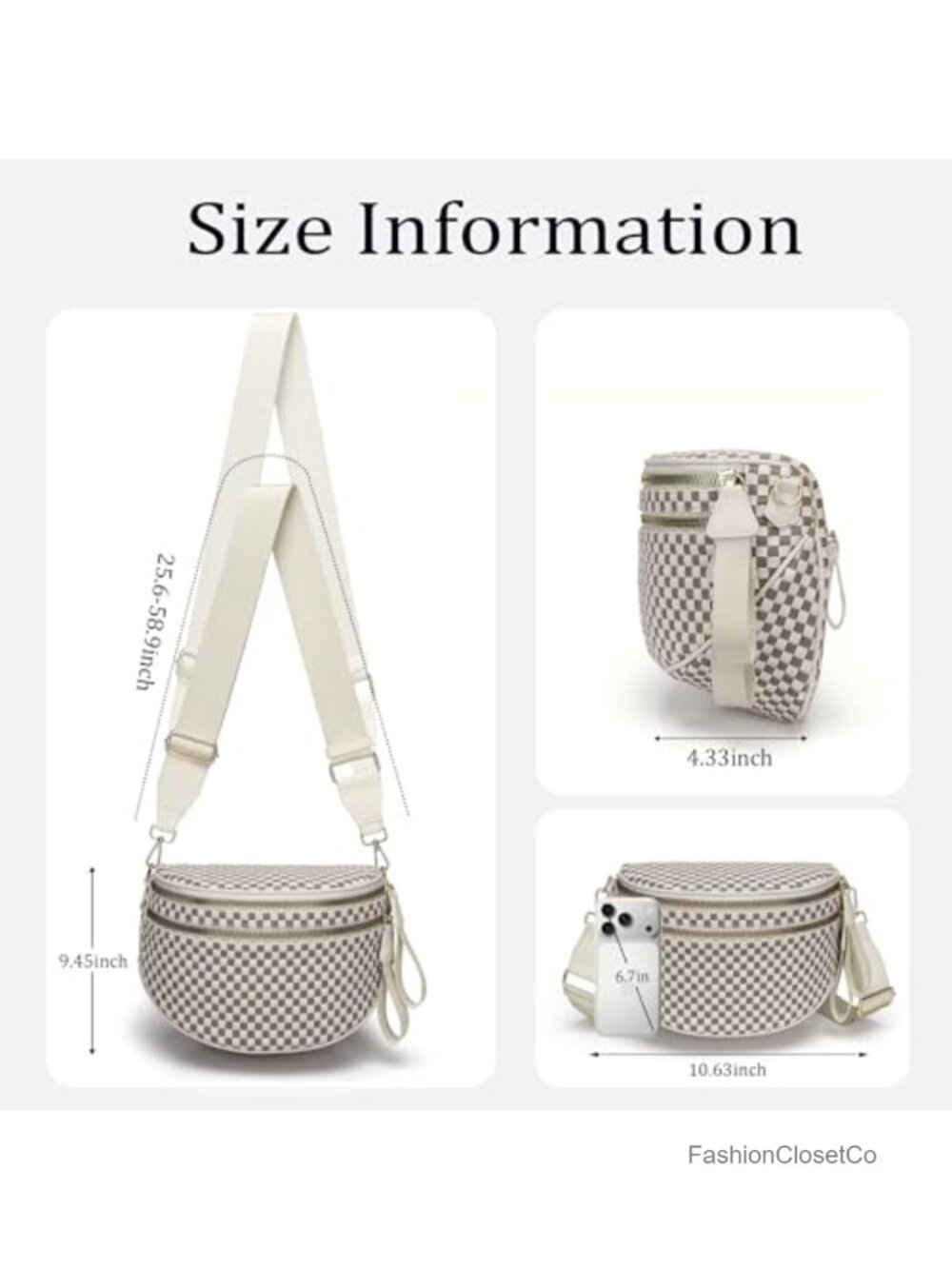 Checkered Woven Vegan Leather Double Zip Sling Purse Fanny Pack Belt Bag - Picture 3 of 6